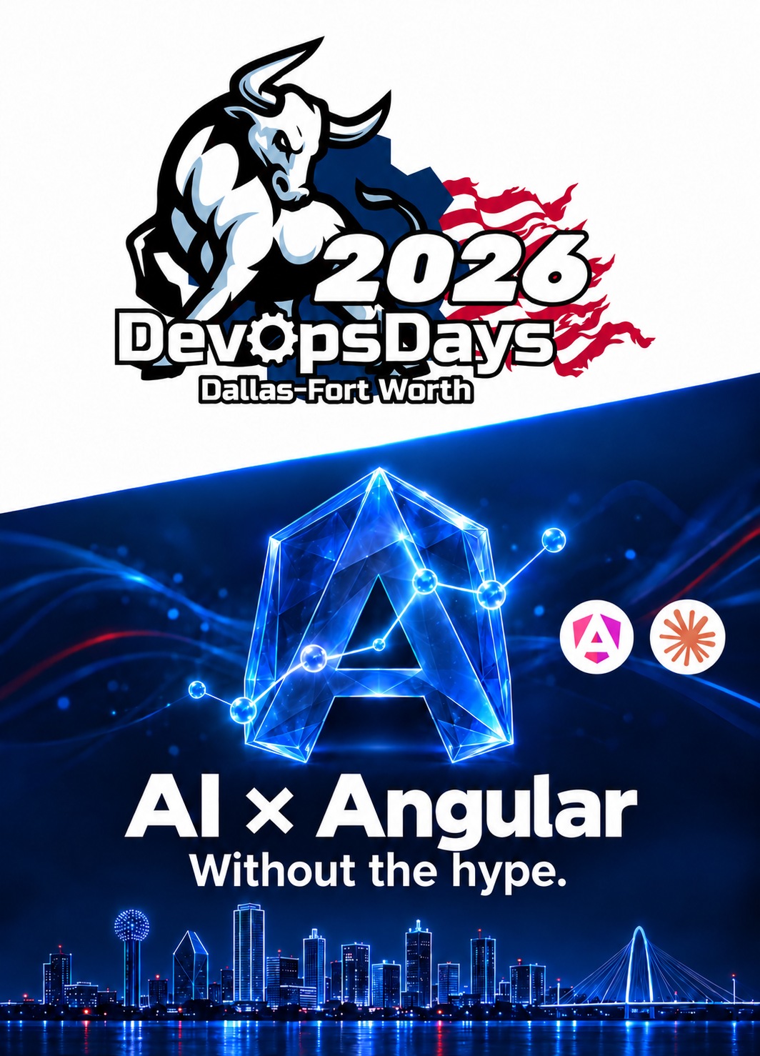 DevOpsDays Dallas-Fort Worth 2026 title card for "AI-Powered Frontend: Integrating LLMs Into Your Angular App"